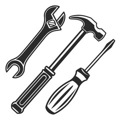 A set of three essential hand tools including a wrench a hammer and a screwdriver arranged diagonally on a white background