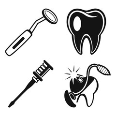Set of four black and white dental icons including a dental mirror tooth syringe and a tooth being treated with a drill