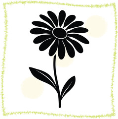 Stylized Black Daisy Illustration with Yellow Accents and Textured Frame design element for various creative projects with simple lines and elegant design