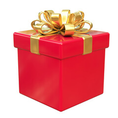 Red gift box with gold ribbon bow isolated object 3d render illustration. Birthday, Christmas holiday present. Promo clipart. Greetings card design element. Sale logo icon.
