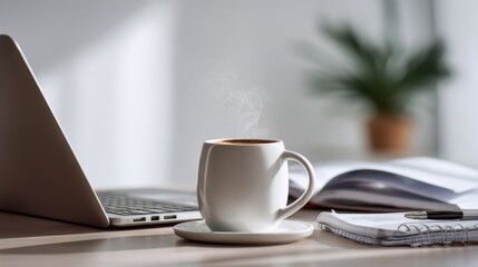 Cozy workspace with coffee mug and open notebook for a productive morning,,Information Overload Day