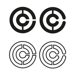 Target maze icons. Concentric circle symbol. Black outline shapes. Vector graphic set.