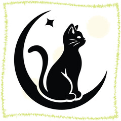 Elegant black cat silhouette perched on a crescent moon gazing at a shining star surrounded by ethereal light and framed by a textured border design