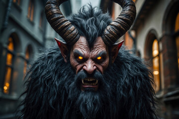Christmas Austrian and German hero spooky monster Krampus on winter celebration night AI Generative