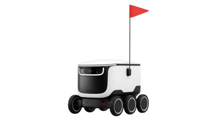 Autonomous delivery robot with six wheels and a red flag, isolated on transparent background