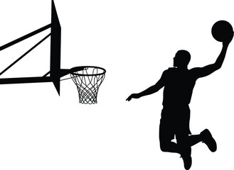 Basketball player silhouette, slam dunk action, airborne athlete illustration, dynamic sports moment, black and white vector art, hoop and backboard included © Samol