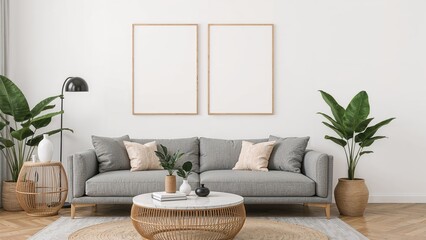 Modern living room with gray sofa and rattan table, decorated with tropical leaf accents and elegant touches. Abstract drawings on white walls. Template.