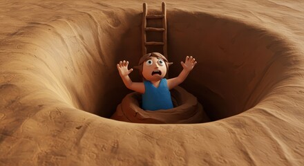 Animated figure expresses terror while stuck deep inside a funnel-shaped earthen hole with a ladder nearby