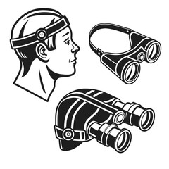 Vintage style illustration of a person wearing a headlamp and binoculars symbolizing exploration and observation