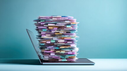 Towering stack of colorful papers emerging from laptop, symbolizing digital overload,,Information Overload Day