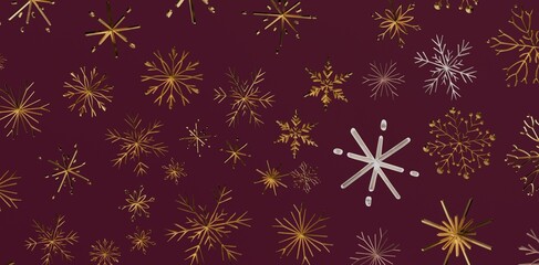 Stunning abstract background featuring a pattern of gold snowflakes on a rich burgundy color. Perfect for winter holidays and festive designs.