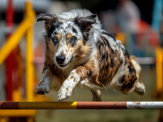 a dog running around a dog agility course having fun