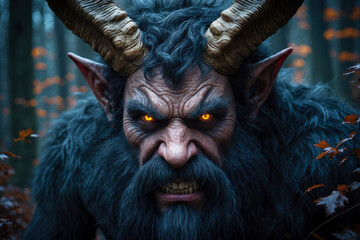 Christmas Austrian and German hero spooky monster Krampus on winter celebration night AI Generative