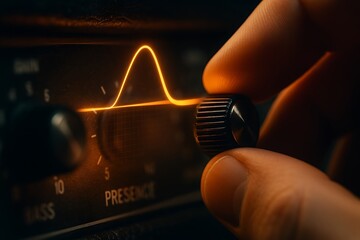 Hand Adjusting Control Knob on Audio Amplifier with Glowing Waveform Display