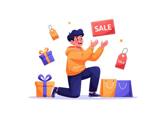 A man in an orange hoodie is juggling sale tags and gift boxes, celebrating shopping.