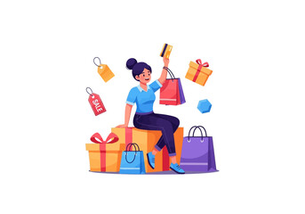 Woman sitting on gift boxes with shopping bags and credit card.