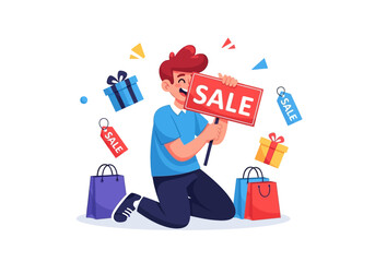 A cheerful person holding a sale sign, surrounded by shopping bags and gifts.