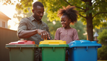 Father and daughter sorting waste together into color-coded bins outside, environmental responsibility is being taught early. Sorting waste becomes a bonding experience,