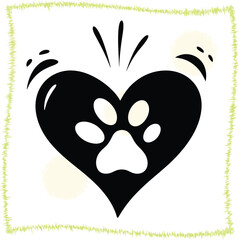 Heart paw print design expressing love for animals and pet adoption with simple black and white drawing and cute border on a bright background