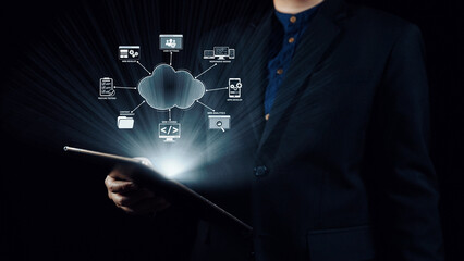 Cloud computing, cloud strategy, and cloud technology transforming digital infrastructure with scalable services, secure data storage, and cloud-based digital business solutions. Elide