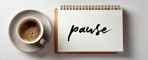 Relaxation concept with coffee and handwritten pause message on notepad