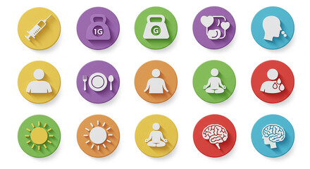 Collection of round icons representing health wellness and lifestyle