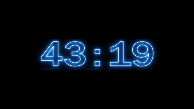 Neon countdown 52 minutes timer animation background. Glowing countdown animation.