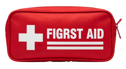 Red first aid kit with white cross and text isolated on transparent background