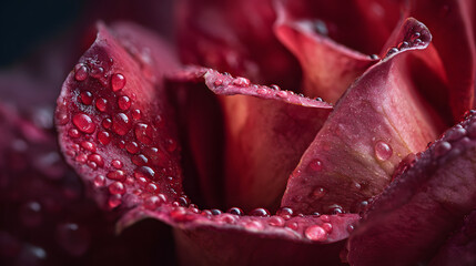 A close up of a red rose petal with water droplets