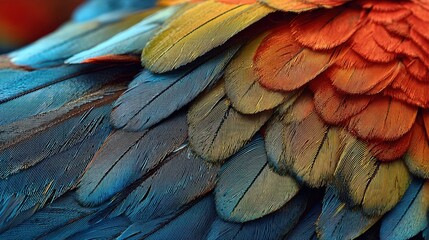 Obraz premium Colorful feathers shimmer with shades of blue green and orange showcasing natures beauty up close.