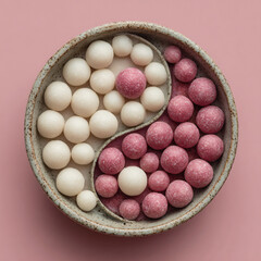 Obraz premium A symbolic artistic composition of yin and yang made from white and pink tangyuan arranged in a circular bowl, representing balance during the winter solstice. 