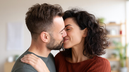 Loving couple kissing tenderly at home with eyes closed. Young man and woman sharing intimate romantic moment, affection and happiness. Valentine's day, relationship goals and emotional connection.
