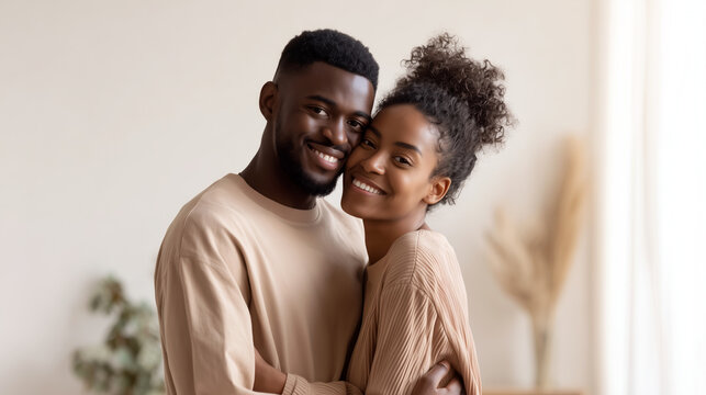 Happy African American couple embracing and smiling at camera in bright home interior. Young man and woman showing love, affection and joyful relationship. Valentine's day romance and togetherness.
