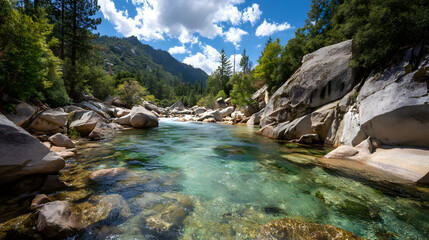 A crystal river flowing through a mountain valley on a sunny day