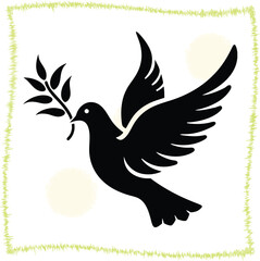 Dove carrying olive branch as symbol of peace and hope for the future black silhouette on white background vector illustration for graphic design and decoration