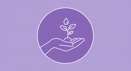 Hand holding a plant sprout within a purple circle on light purple background