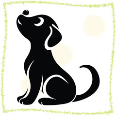 Adorable Black Puppy Looking Upward with Innocent Eyes Digital Illustration on White Background with Decorative Border Art for Pet Lovers
