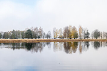 Autumn river in a foggy morning. Farnebofjarden national park in north of Sweden.