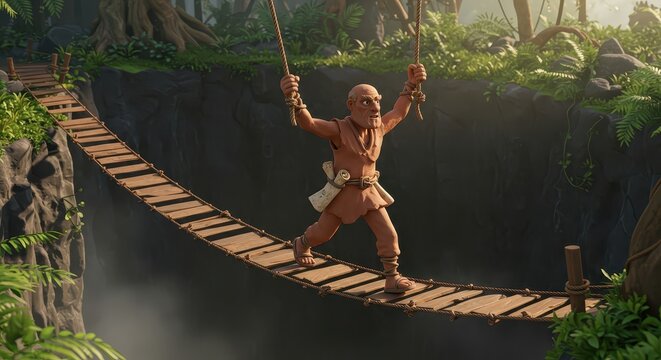 Fototapeta Claymation style adventurer precariously crosses a narrow rope bridge over a deep chasm