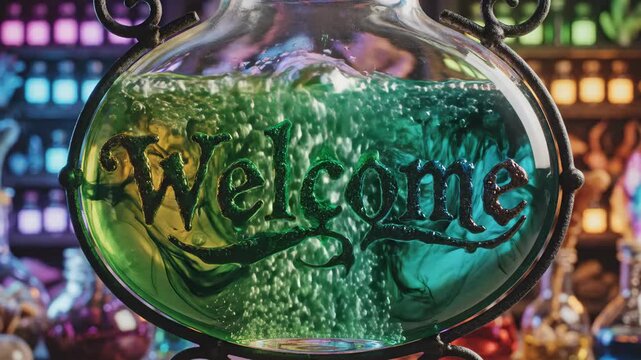 A bubbling potion in a glass cauldron with a welcome sign