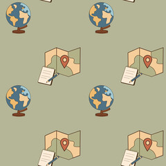 Seamless pattern with globe, map and notebook. Cozy travel and education theme for backgrounds, stationery, planners and wrapping paper.