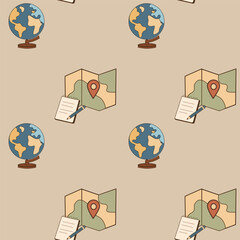 Vector seamless pattern with globe, map and notebook on beige background. Cozy academic design for travel, learning and stationery products.