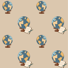Seamless cozy pattern with globe and notebook on beige background. Perfect for education, travel, planners, journals and school design.