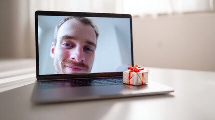 Smiling Man On Laptop Video Call With Gift Box On Keyboard In Home Office