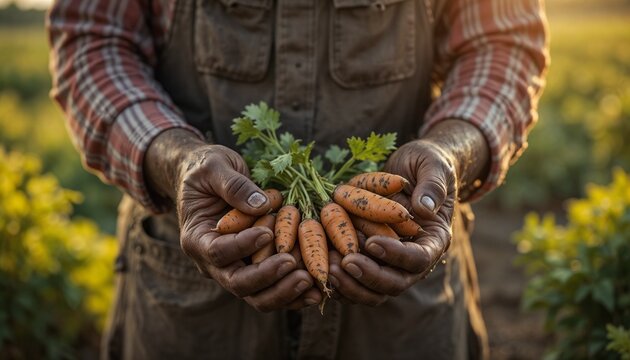 Elderly farmer with deeply lined, soil-stained hands cradling carrots or potatoes fresh from the field