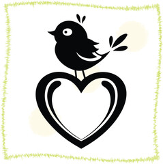 Charming black bird perched on a heart symbol conveying love and affection with a hand drawn style border offering a whimsical Valentines Day or romance related image