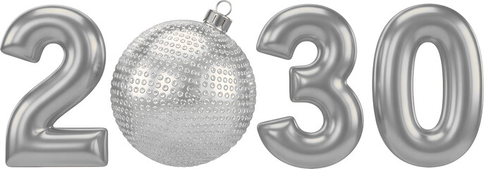 Elegant Silver 3D Text 2030 with Festive Christmas Ornament Decoration
