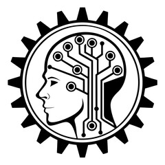 Artificial intelligence concept featuring a human head silhouette with circuit board patterns inside a gear, symbolizes the integration of technology
