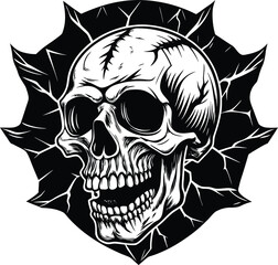 Obraz premium Black and white skull illustration bursting through cracked background human skull skeleton