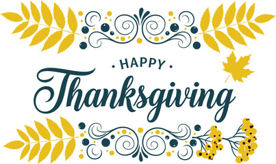 Happy thanksgiving text with decorative leaves and berry illustration